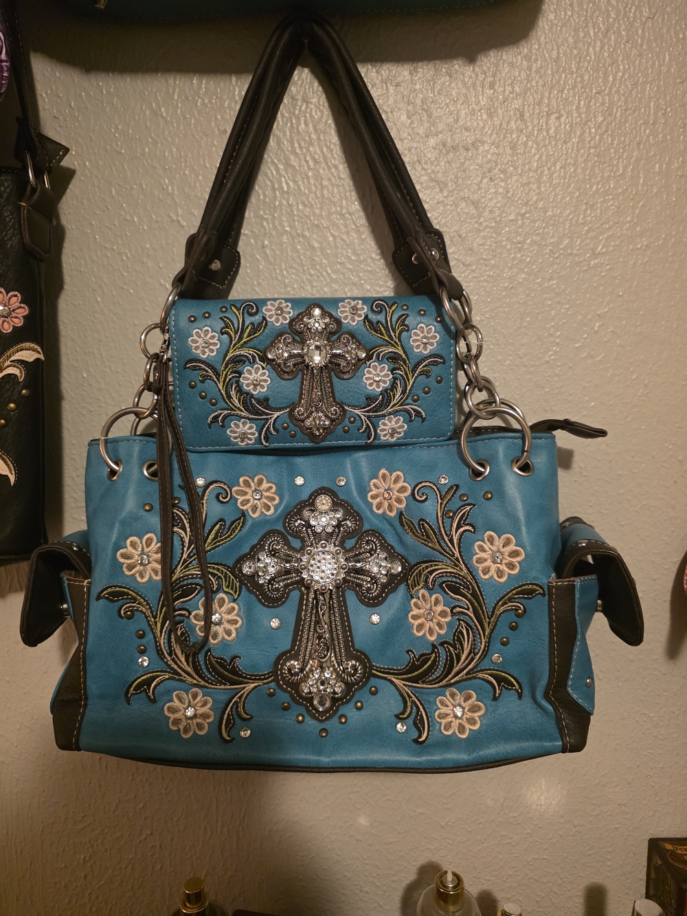 Teal Floral Cross Embellished Women's Shoulder Bag